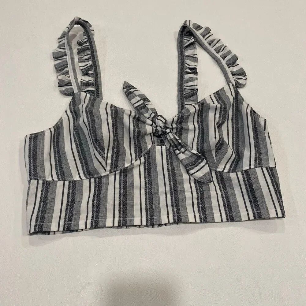 Express Striped Tie-Front Crop Top M | Ruffle Strap Summer Bralette Tank